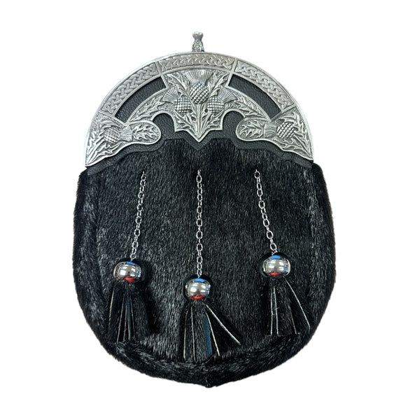 Black Thistle Dress Sporran with Genuine Black Leather by Margaret Morrison