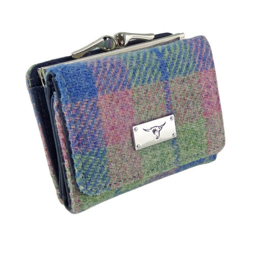 Harris Tweed Clasp Purse Blue and Pink Tartan Colour 135