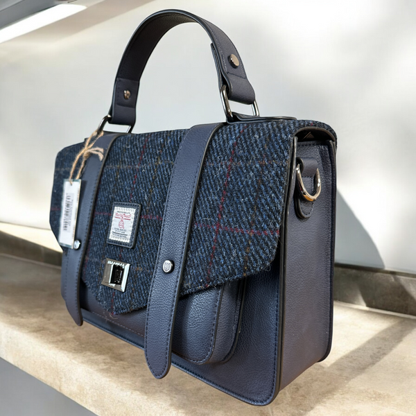 Harris Tweed Large Satchel Navy Overcheck Bag