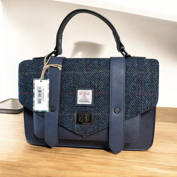 Harris Tweed Large Satchel Navy Overcheck.