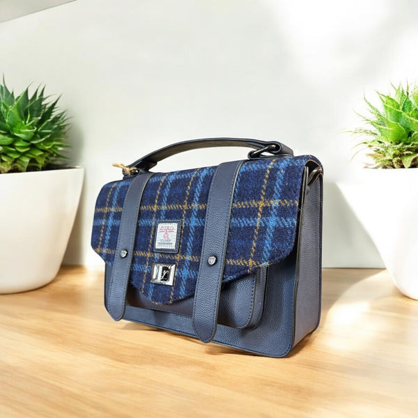 Harris Tweed Large Satchel Navy Tartan