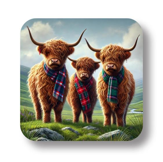 Highland Cow in Tartan Scarves Coaster