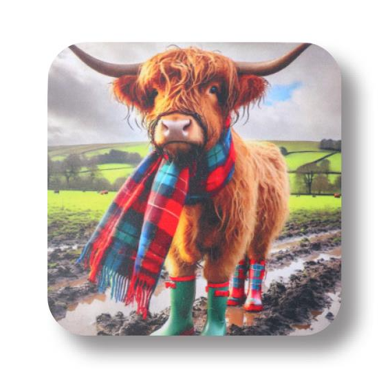 Highland Cowi n Wellies Coaster