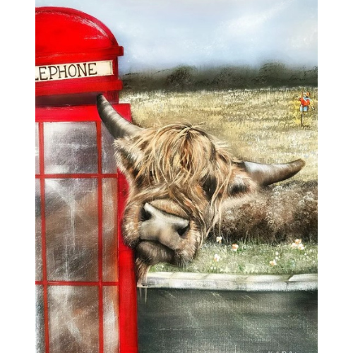 Phone Box highland Cow mounted picture
