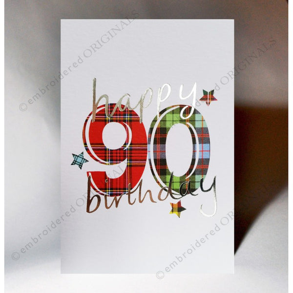 Happy 90th birthday card with tartan numbers on a white background