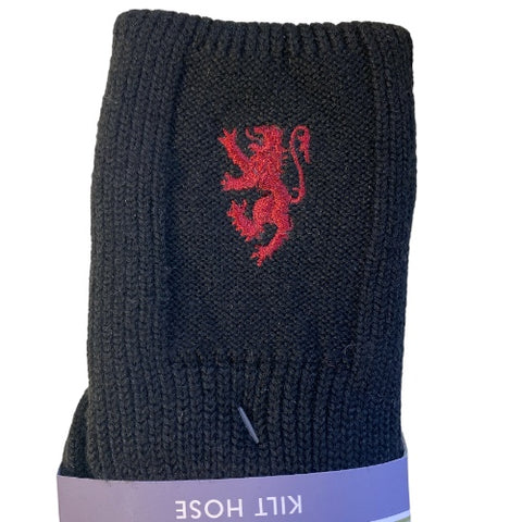 Torvaig Kilt Socks in Black with Lion Design UK 8-10