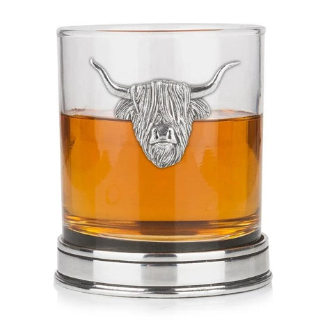 AE Williams Highland Cow Whisky Tumbler with Polished Pewter Base