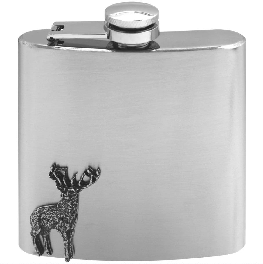 6oz Pewter Hip Flask with stag badge made by the English Pewter Company.