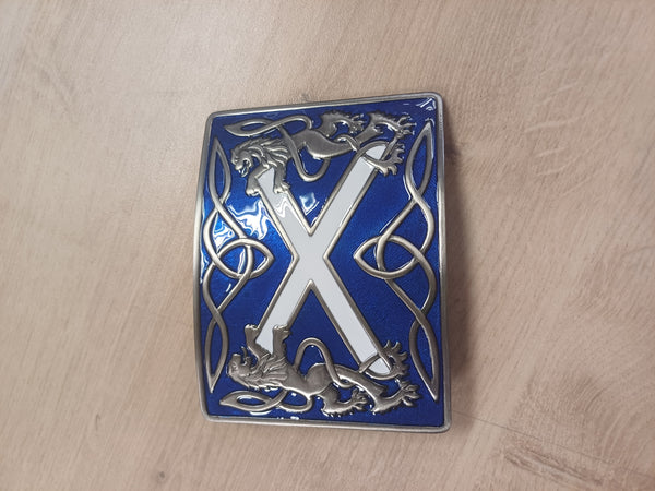 Decorative metal badge with a blue border and silver design on a wooden surface