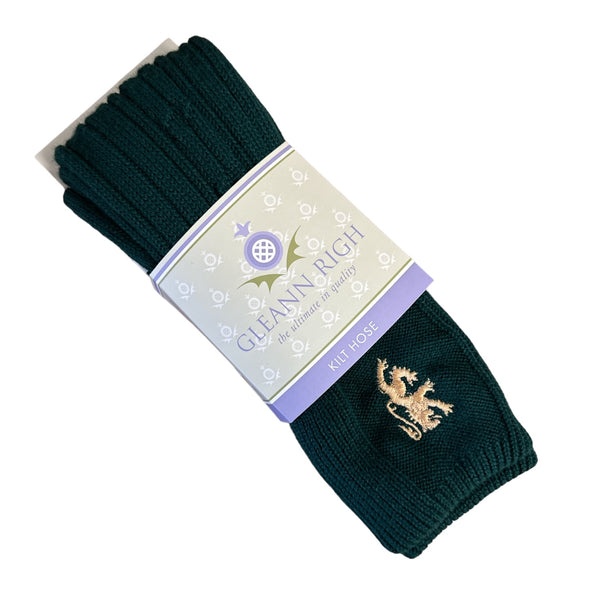 Bottle Green Kilt Socks with Rampant Lion Embroidery