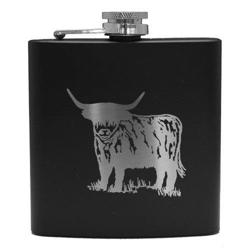 Black Hip Flask wth Highland Cow Design