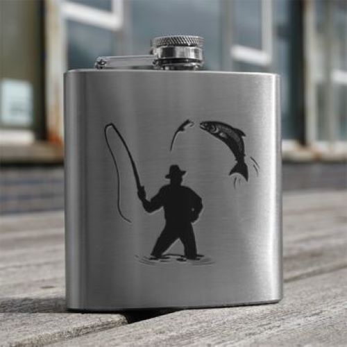 Silver Hip Flask with Fisherman Design