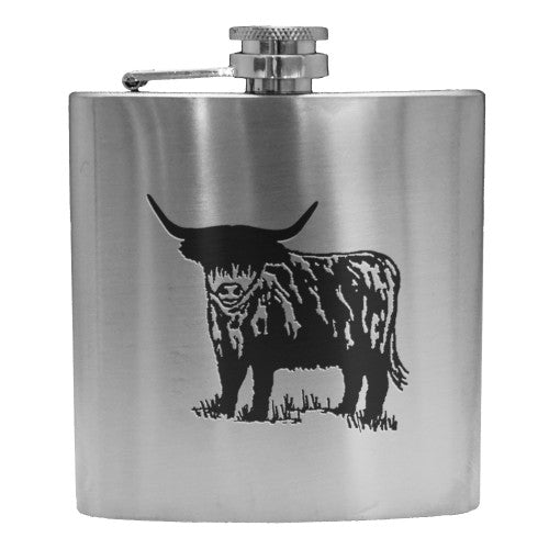Silver Hip Flask with Highland Cow Design