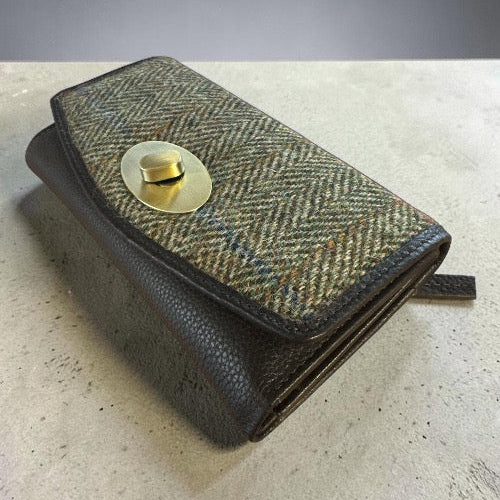 Harris Tweed Leather Large Lock Purse Green Brown