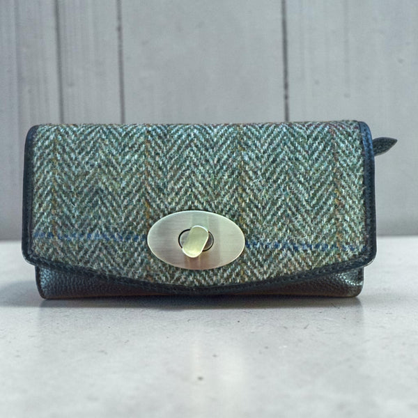 Harris Tweed Leather Large Lock Purse Green Brown