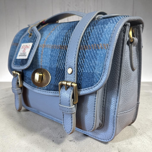 Harris Tweed Leather Medium Satchel Bag Blue Lt Blue