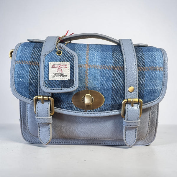 Harris Tweed Leather Medium Satchel Bag Blue Lt Blue