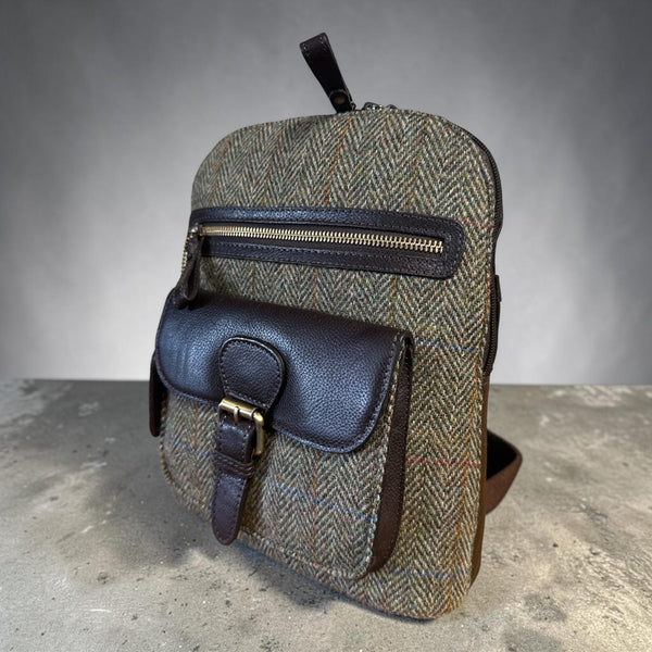 Harris Tweed Leather Multi Pocket Backpack Multi Brown Green