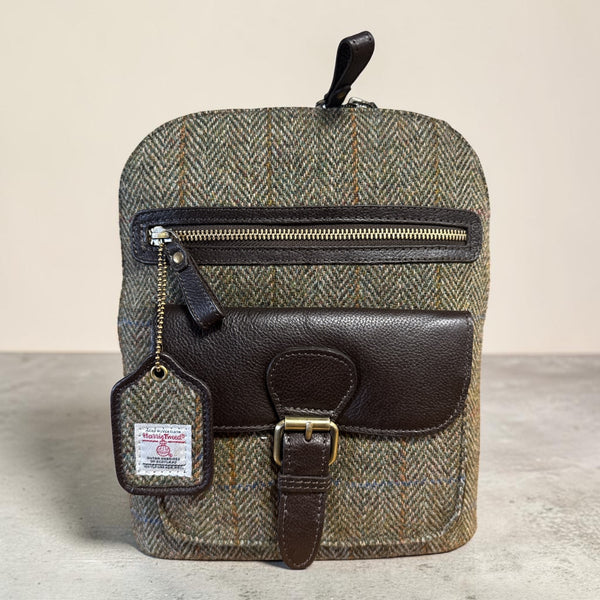 Harris Tweed Leather Multi Pocket Backpack Multi Brown Green