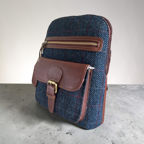 Harris Tweed Leather Multi Pocket Backpack  Navy Check