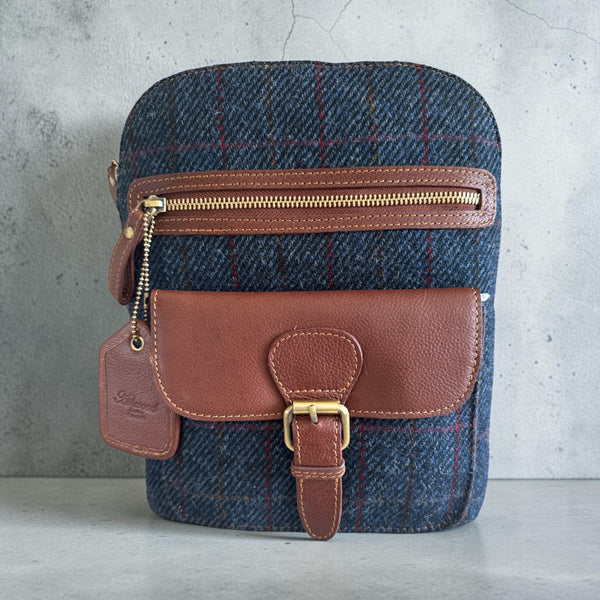 Harris Tweed Leather multi Pocket backpack navy Check 