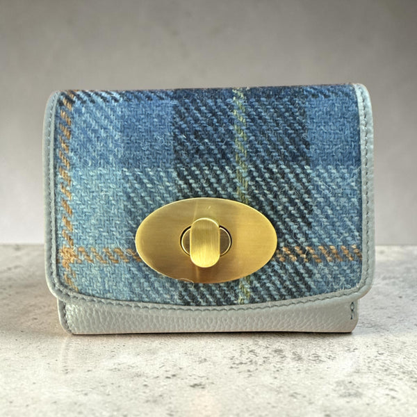 Harris Tweed Leather Small Lock Purse  Blue Lt Blue