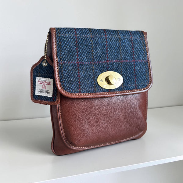 Harris Tweed Leather Turnlock Crossbody Bag Navy check
