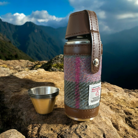 Harris Tweed hunting Flask Green and Rose Pink tartan