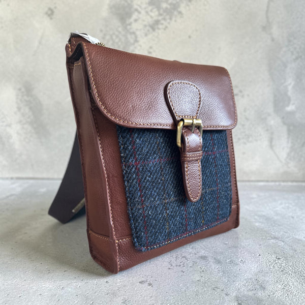 Harris Tweed leather Crossbody Bag  navy Check