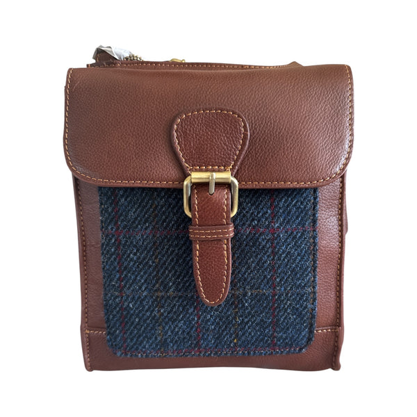 Harris Tweed leather Crossbody Bag  navy Check