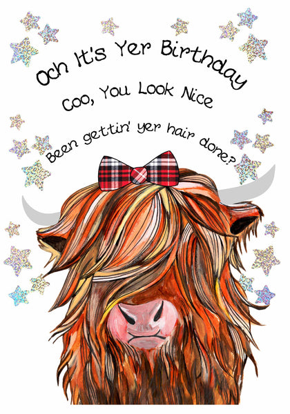 Highland Cow Birthday Card  Hair Doo