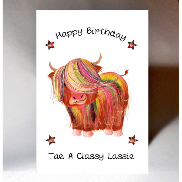 Highland Cow Birthday Card  Tae a Classy Lassie 