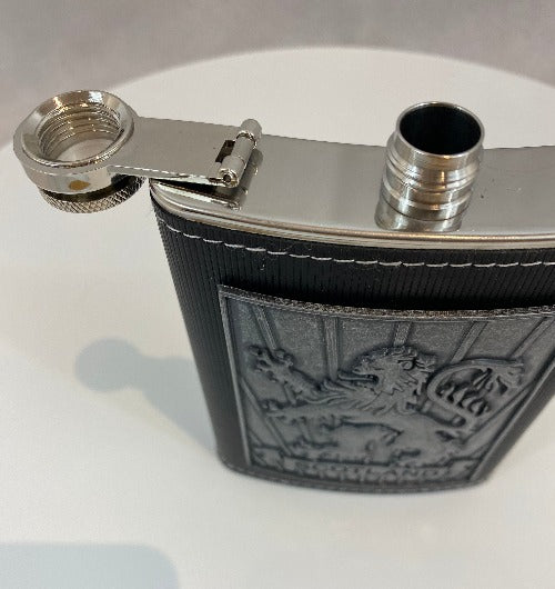 Metal Plate Hip Flask with Lion Rampant Embossed design
