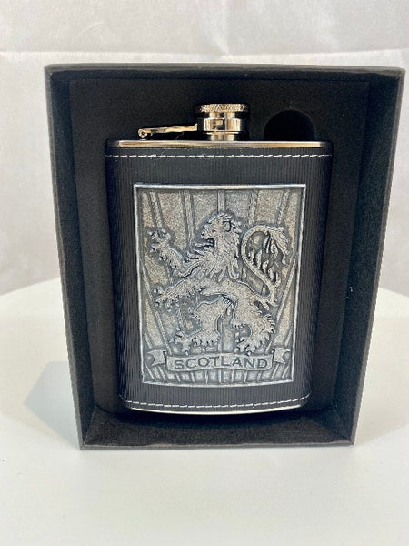 Metal Plate Hip Flask with Lion Rampant Embossed design