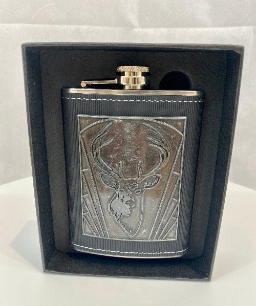 Metal Plate Hip Flask with Stag Embossed design