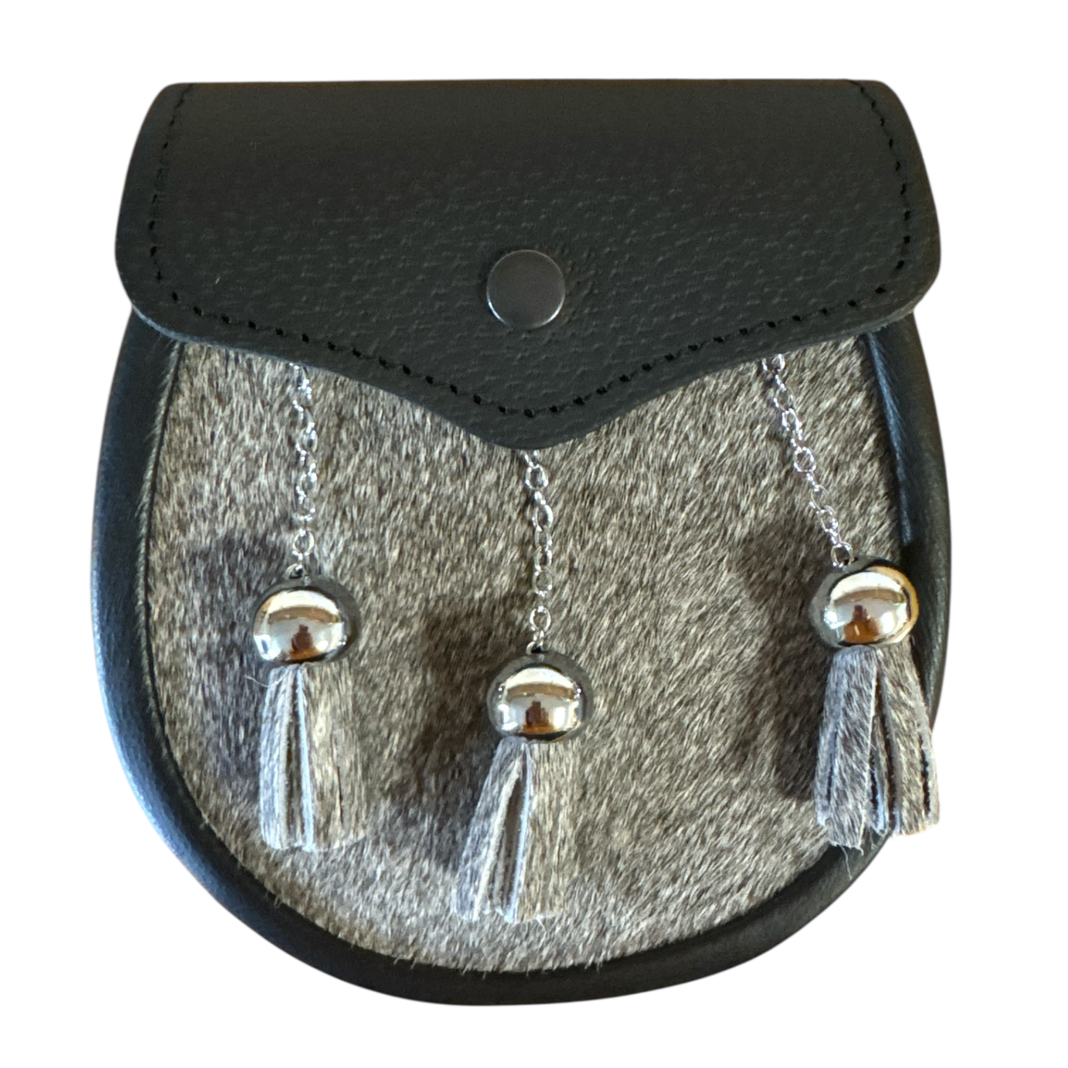 Black leather light bovine fur sporran with grey lining and chrome tassels