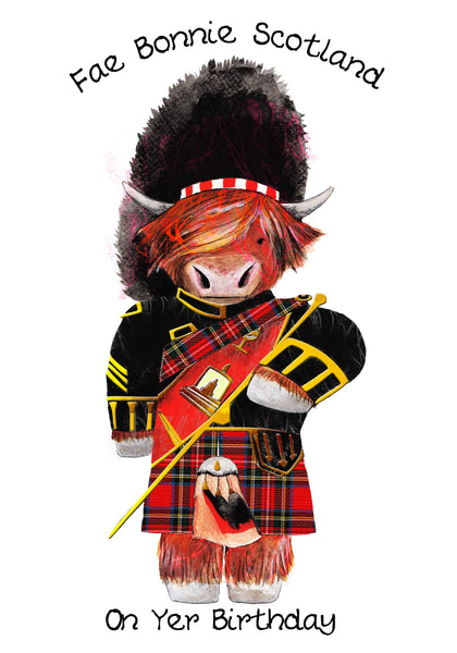 Scottish Birthday Card Highland Cow Piper