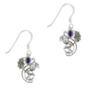 Scottish Thistle Marcasite Drop Earrings with Amethyst