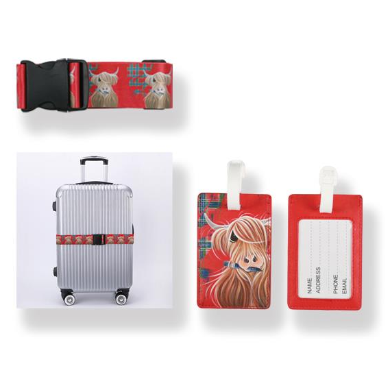 Tartan Paint Highland Cow luggage strap