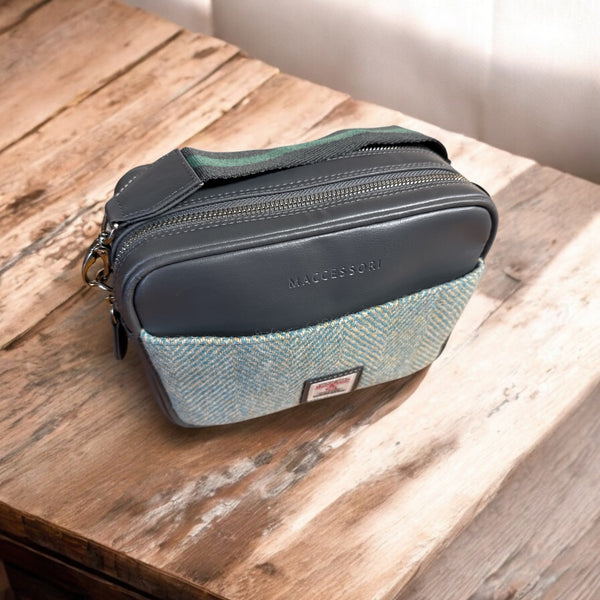 Turquoise Herringbone camera Bag harris tweed