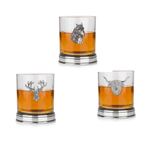 AE Williams Highland Cow Horse & Stag Whisky Tumbler with Polished Pewter Base