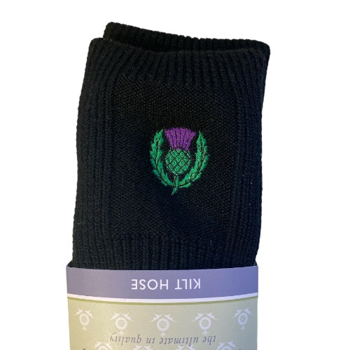 Torvaig Kilt Socks in Black with Thistle Design UK11-13