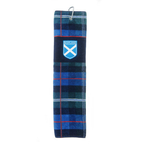 Embroidered Blue Tartan Golf Towel with Saltire Shield Design