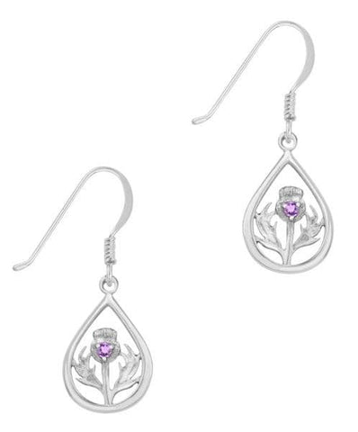 Scottish Thistle Silver Teardrop Earrings with Amethyst Stone 9428