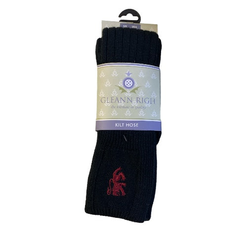 Torvaig Kilt Socks in Black with Lion Design UK8-10