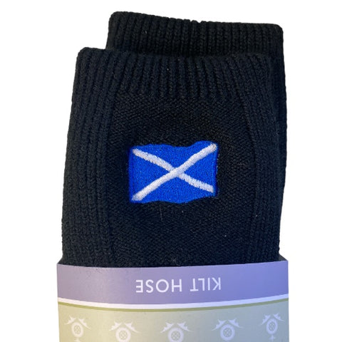 Torvaig Kilt Socks in Black with Saltire Design UK4-7
