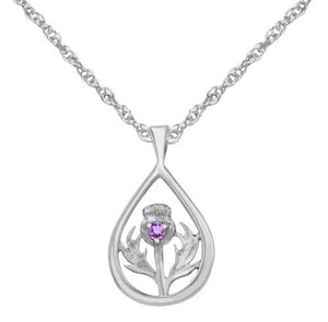 Scottish Thistle Silver Teardrop Pendant with Amethyst Stone 9429