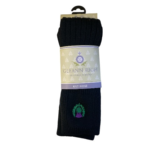 Torvaig Kilt Socks in Black with Thistle Design UK11-13