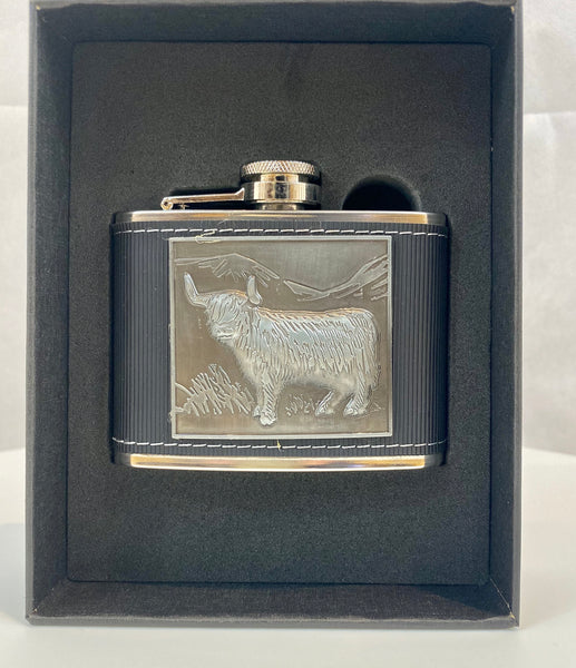 4oz Hip Flask with Embossed Highland Cow Design