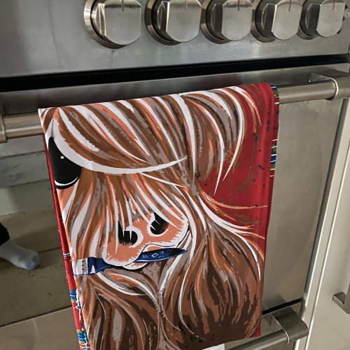 Highland Cow Tartan Paint Tea Towel